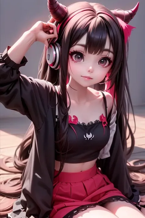 a demon girl with headphones sitting on the ground, anime goth horned demon girl, black and red clothing, wearing skirt and crop lace shirt, choke, ulzzang, sfw