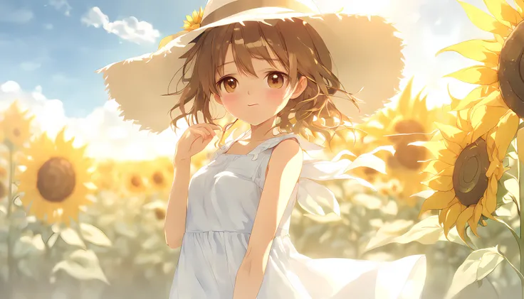 masterpiece, best quality, 1girl, sunflower, solo, outdoors, white sundress, brown hair, upper body, day, closed mouth, brown eyes, looking at viewer, sleeveless dress, blue sky, sun hat, cloud