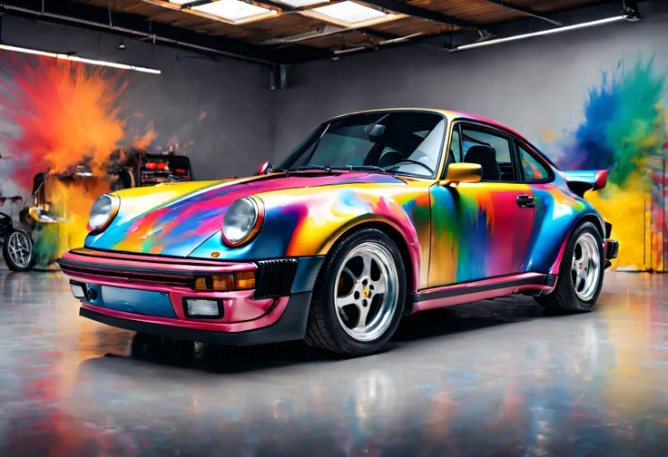 Porsche 930 Turbo, décor studio with explosion of multicolored paint