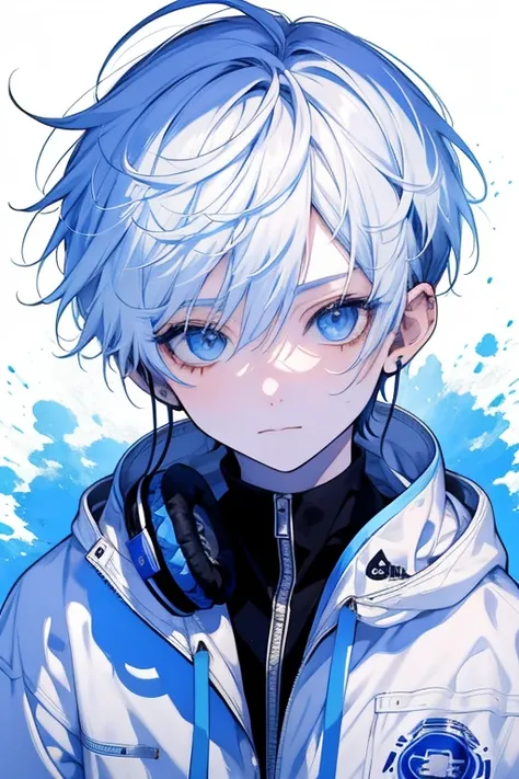 tmasterpiece，Highest image quality，Young boy, 1boys, In an Internet café，With headphones on，white color hair，Eyes are light blue, hair messy, bangs between the eyes, Best Quality , masutepiece, White hoodie, full bodyesbian, Put on the headphones, Look int...