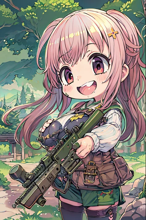 huge-breasted、kawaii、8 years old girl、A huge smile on my face,Chibi, beautiful anime scene, Anime landscapes, Anime Background, Beautiful anime scenery, Beautiful peace scenes in anime, Huge assault rifle