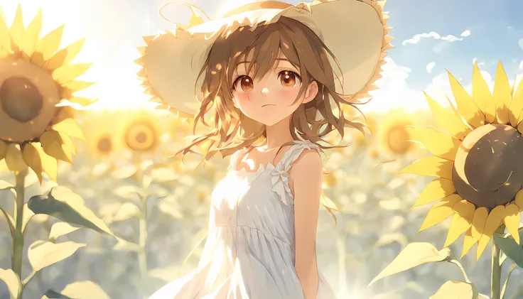 masterpiece, best quality, 1girl, sunflower, solo, outdoors, white sundress, brown hair, upper body, day, closed mouth, brown eyes, looking at viewer, sleeveless dress, blue sky, sun hat, cloud