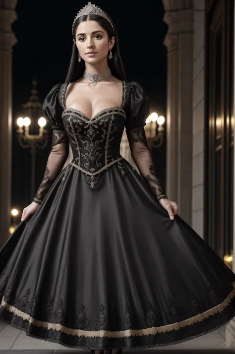 Hyperrealistic and ultra-detailed photography of a beautiful Anna Boleyn ((((25-years old)))), ((((Lujoso vestido lencero de corte renacentista negro, joyas )))), tez clara, pale-skin, tetas medianas perfectas, escote, cuerpo perfecto, mirada seductora, ca...