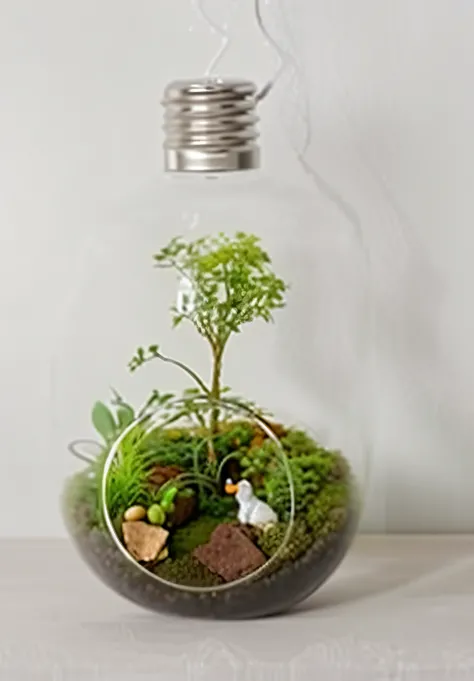 Small plants in glass vase with light bulb, Large glass containers, Terrarium, miniature forest, Moss glass containers, graphic of enchanted terrarium, plants in glass vase, Forest of plants in glass tubes, plants in glass vase, Water flows inside the terr...