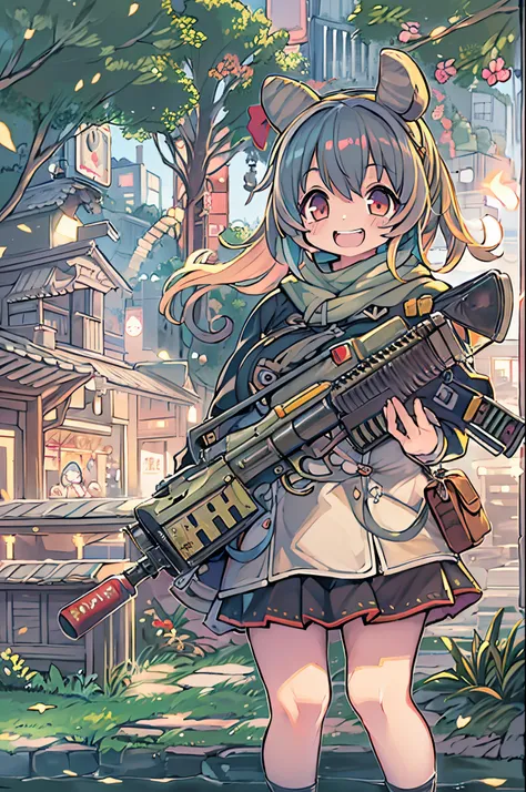 huge-breasted、kawaii、8 years old girl、A huge smile on my face,Chibi, beautiful anime scene, Anime landscapes, Anime Background, Beautiful anime scenery, Beautiful peace scenes in anime, Huge assault rifle