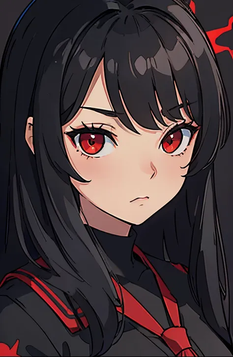 Perfect proportion, masterpiece, high quality, high details, (black hair), red eyes,(1woman),,black  school uniform. all black background. Close up to face. Face datails. Tsundere