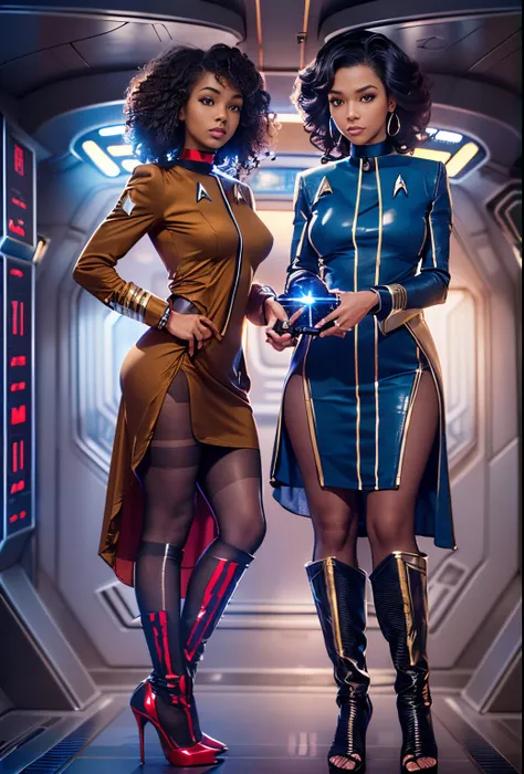 ((21-year-old))), black girl, (((light skin))), (((full body pose))),  (((long curly black hair))), (((wearing Star trek uniform dress, pantyhose, and heels))), (((holding a phaser))), (((metal choker))), (((starship scene))), scifi fantasy, Rich, Deep Col...