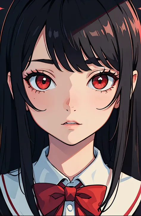 Perfect proportion, masterpiece, high quality, high details, (black hair), red eyes,(1woman),,black  school uniform. all black background. Close up to face. Face datails. Yandere