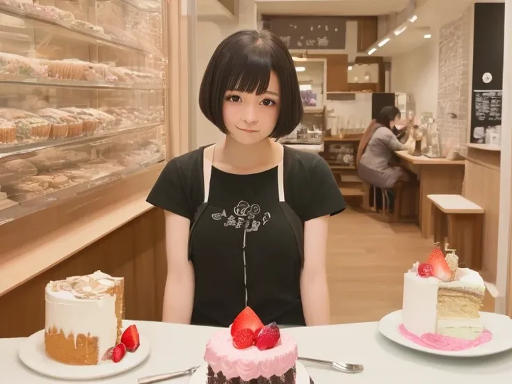 a cake、cafes、girl with、24 year old、Shorthair