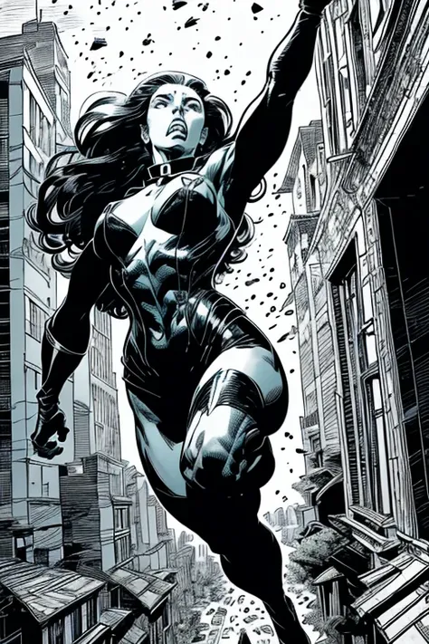 Art inspired by John Buscema’s stroke. A formidable red-haired spy with long hair, wearing a sensual dark leather collar, is seen jumping out of a building window. Broken glass is scattered in the air, creating an intense action scene. The fearless heroine...