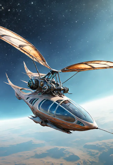 A realistic ornithopter, biomeca alien. Lot of textured and colored. a beautifull world it visible and galaxy too