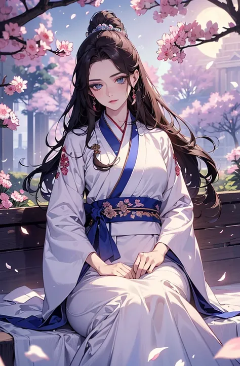 (Best quality at best,A high resolution,The image is clear:1.2),詳細な目，beuaty girl，blue colored eyes，lusciouslips，Ultra detailed backgrounds,Beutiful women,Korean traditional hanbok,Delicate petals,Garden scene,under moonlight,Romantic atmosphere,Dutch Angle...