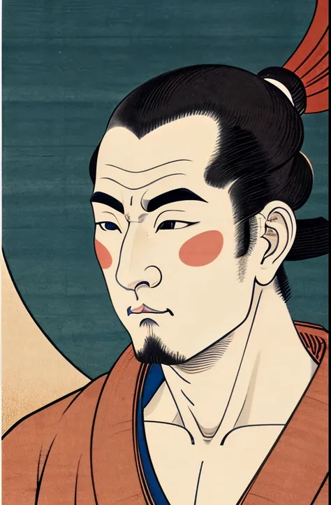 a ukiyo-e of man, in Hokusai Katsushika, front face, no background