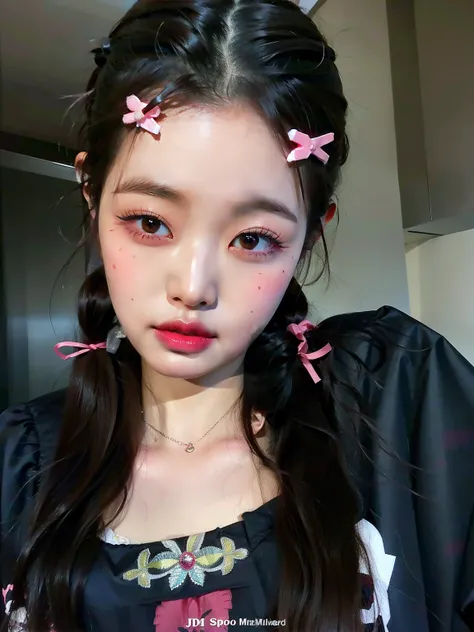 un primer plano de una mujer con cabello largo y lazos rosas, ulzzang, peinado de coletas, con coletas negras, con un lazo de pelo rosa, Chiho, young cute wan asian face, Blackpink Jennie, Jossi de Blackpink, Peinado twintails, dilraba dilmurat, Jisoo de B...