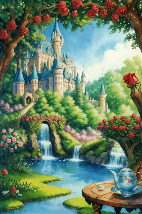 Enchanted fairytale woods with roses and castle tea cups water color