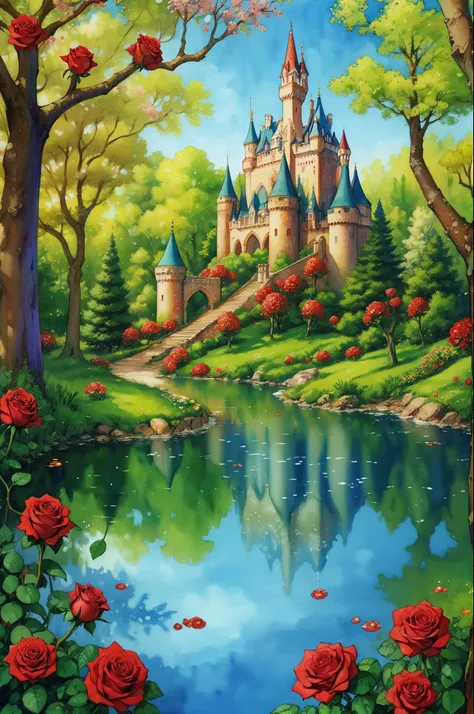 Enchanted fairytale woods with roses and castle tea cups water color