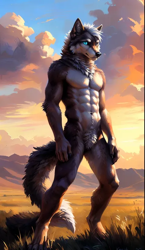 ((Solo)), male people, anthro wolf, (Multi-colored fur, White-brown:1.3，White tail pointed), (Height 2.1m,Tail length 1.5m), ((Wolf face, White hair, Big eyes, White eyelids, Blue pupil, Slim:1.2) (Tough, Calm expression:1.2)), Abs, Slim, pinging)), (Corre...