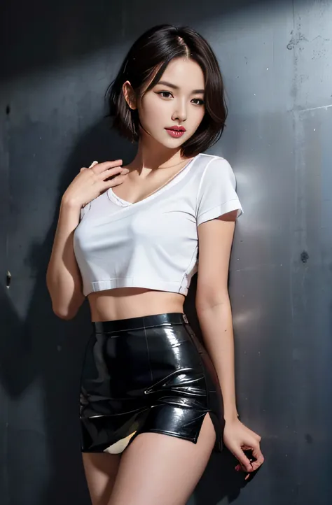 (Forehead, Cropped jacket, Abs, Midriff, scowling, Short hair, Black hair, eye line:1.3), (masutepiece, Best Quality, beautiful quality), (Photorealistic:1.4), (Detailed Lighting, highlydetailed skin, very detail hair, shadowy, 8K, Tea Cho Photos, 1girll:1...