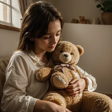 Best Quality, 4k, masterpiece face, a child of European appearance plays with a teddy bear, happiness, Kemi, Comfort, Warm light, cinematic angle