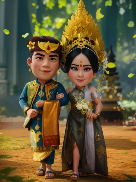 there are two people dressed in traditional Bali wedding, costumes standing together, medium poly, couple, barong family, wedding, portrait shot, detailed portrait, happy couple, fanart, lovely couple, traditional, asian, for hire 3d artist, barong family ...