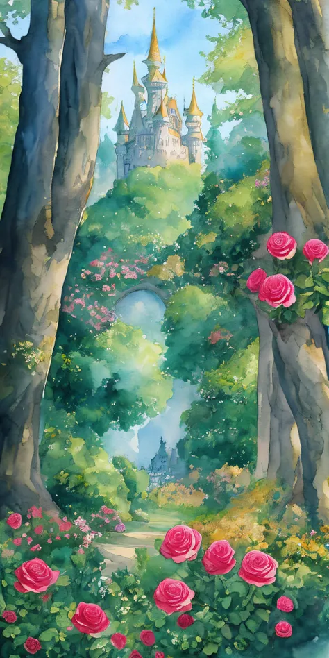 Enchanted fairytale woods with a castle and roses Alice and wonderland water color