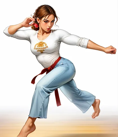 desenho de uma mulher com blusa branca e jeans fazendo pose de ioga, capoeira, frantic dancing pose, dynamic extreme foreshortening, dynamic dancing pose, she is dancing. Realistic, postura de luta, Pose de arte marcial, dynamic moving pose, postura de lut...