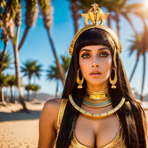 hyper realistic, ultra detailed photograph of a woman with in futuristic headwear inspired by an ancient Egypt queen, Cleopatra headwear, Womens Black Egyptian Goddess Cleopatra Costume with gold decorations, snake, gold, silver, stones, scarab beetle, mic...