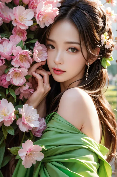 (Best quality,4K,8K,A high resolution,tmasterpiece:1.2),ultra - detailed,(actual,realistically,realisticlying:1.37),beautidful eyes,beautiful detailed lips,Extremely detailed eyes and face,Long eyelashes,1 girl,illuminations,medium,Colorful flowers,green l...