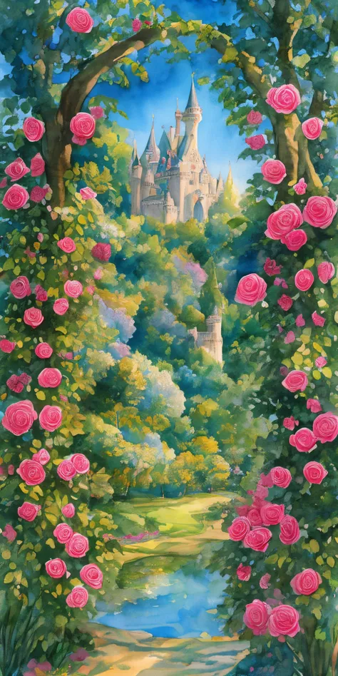 Enchanted fairytale woods with a castle and roses Alice and wonderland water color