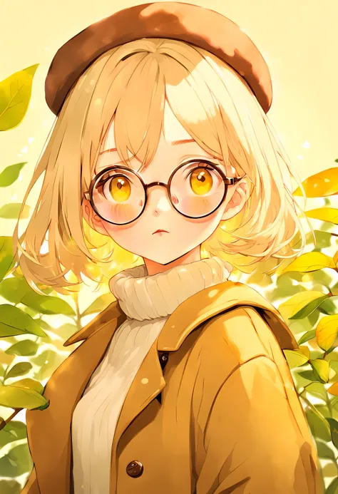 close up, masterpiece, best quality, bokeh, cute, 1girl, solo, beret, hair clip, beige hair, round eyewear, brown jacket, turtleneck sweater, upper body, looking at viewer, yellow eyes, closed mouth, leaf, white background, plant