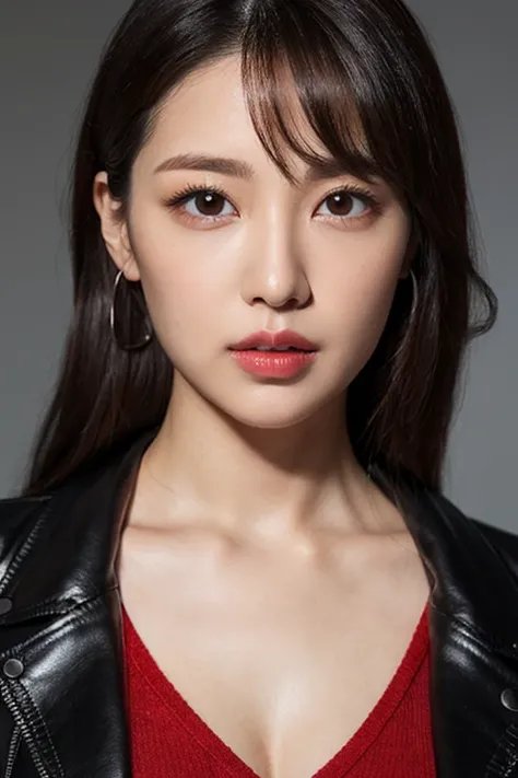 Photorealistic, High resolution, Studio Lighting,1womanl, Solo, (Detailed face), Brown hair、Long、Above the chest、｟shiny black leather jacket｠、Hyper-realistic、Clean double、red-lips、Sexy Woman、A Japanese Lady、25-years old、Slim figure、Black knitwear、Clear eye...