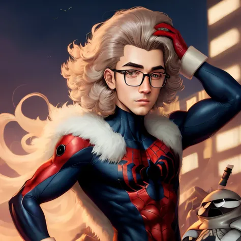 crie um personagem estilo homem aranha, com cabelos castanhos com mechas azuis curtos, thin round glasses, pele clara, e olhos castanhos