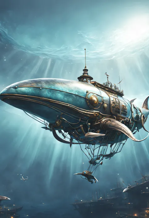 A beautifull and realistic ornithopter,steampunk biomeca alien whale . Lot of textured and colored. a beautifull world it visible and galaxy too