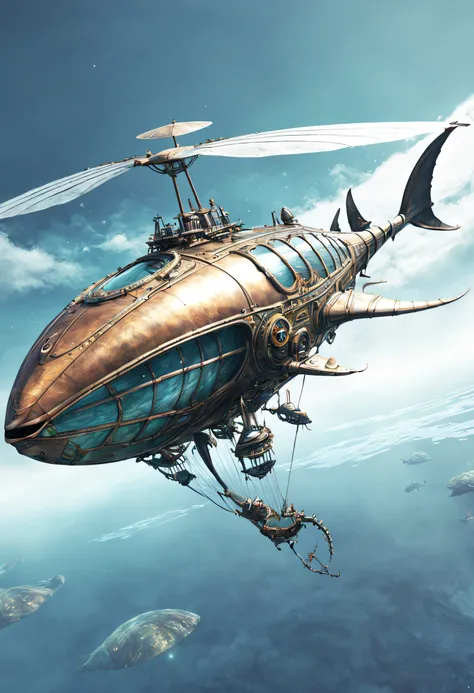 A beautifull and realistic ornithopter,steampunk biomeca alien whale . Lot of textured and colored. a beautifull world it visible and galaxy too