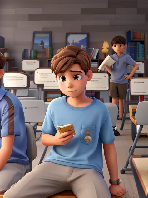 A wise boy with straight light brown hair against the backdrop of a library