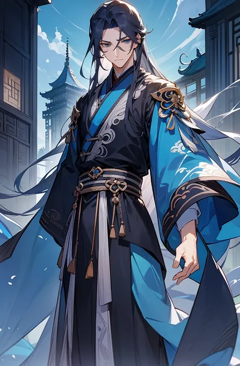 1人，Mature male，cabelos preto e longos，Black and blue clothes，独奏，（natta，starrysky，：1.2）Long gray hair, eBlue eyes,Chinese folk tales，swordsman，dynamic angle，