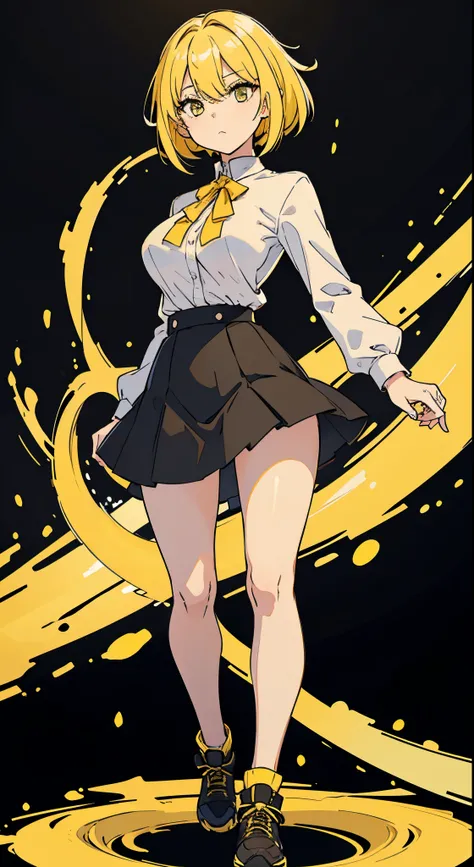 Perfect proportion,perfect body, masterpiece, high quality, high details, (yellow hair), (1woman), full body, ((medium hair)), idle pose,white shirt, black short skirt. Tall, all black background. Mid boobies.