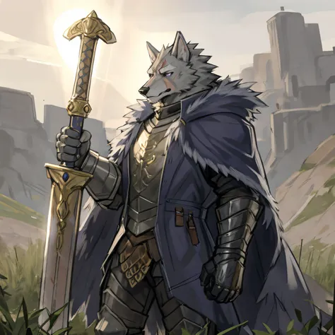 ((best quality, high res, perfect scenario)), blaaid, wolf, 1male, solo, detailed eyes, gray fur, scar, tail, serious face, purp...