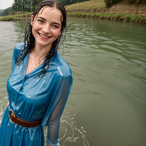 (masterpiece, best quality:1.2), cowboy shot, solo, 1girl, marianne von edmund, smile, looking at viewer, blue dress, capelet, wet clothes, soaked, dripping wet, wet hair, wet skin, translucent, glistening with oil, fully clothed