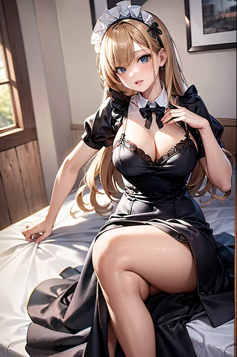 ​masterpiece、top-quality、hight resolution、extremely detailed photo、profetional lighting、A sexy maid、doress、Lori in a dress、gorgeous maid、maid clothes、maid dress、Maid in uniform、Girl in maid clothes、Black ruffled dress、((a blond))、fullllbody、