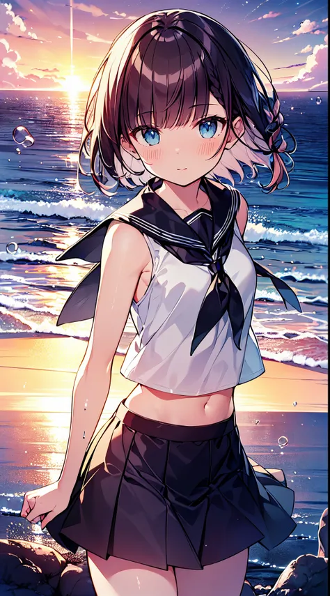 masutepiece, Best Quality,Illustration, Wallpaper, Ultra Detail, absurderes, 1girl in, Solo, (Medium short hair、short braided hair), Beautiful detailed eyes, beautiful detailed fingers,with blush cheeks,after rain , (ocean type:1.3), Sunset sky after rain、...