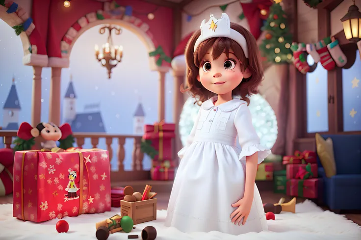 a skinny 4 year old girl wearing a white Disney Pixar style dress in a Christmas setting