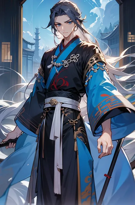 1人，Mature male，cabelos preto e longos，Black and blue clothes，独奏，（natta，starrysky，：1.2）Long gray hair, eBlue eyes,Chinese folk tales，swordsman，dynamic angle，