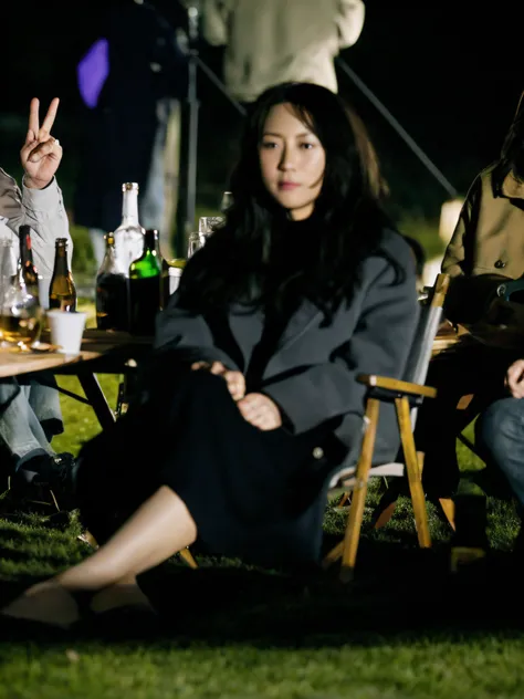 Several people sat at a table，Hands holding beer and wine bottles, 1 6 mm, 16mm, photo 1 5 mm, The scene, out at night, Production is still, crystal, Kwak Ji-young, movie still dnd, exclusive, cinematic Film still from, Night setting, behind the scenes pho...