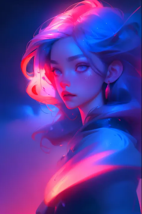 (best quality,4k,8k,highres,masterpiece:1.2),ultra-detailed,(realistic,photorealistic,photo-realistic:1.37),vintage anime art,devil woman,beautiful woman,fantasy art,night scene,luzes de neon,clouds,blood,mesmerizing blue light spark,splashes of red and pu...