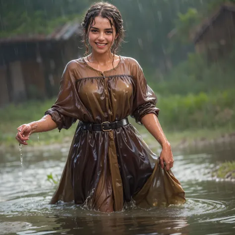 (masterpiece, best quality:1.2), cowboy shot, solo, 1girl, 27 yo peasant woman, smile, looking at viewer, peasant dress, capelet, belt, wet clothes, soaked, dripping wet, wet hair, wet skin, translucent, glistening with oil, fully clothed