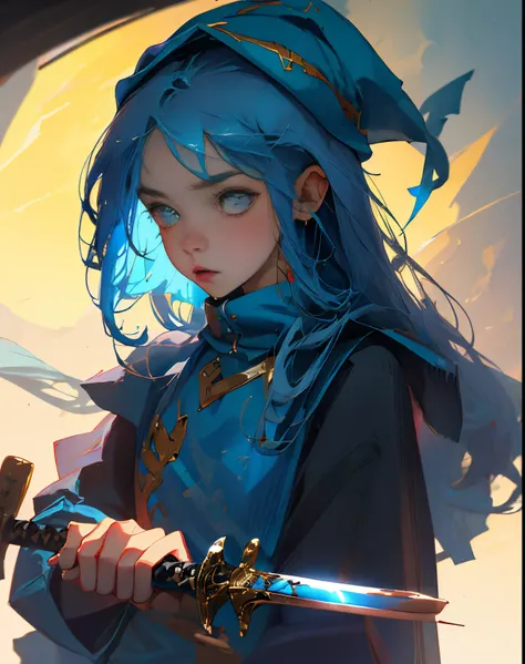 timid　girl with　blue clothing　blue headwear　The sword　nobles