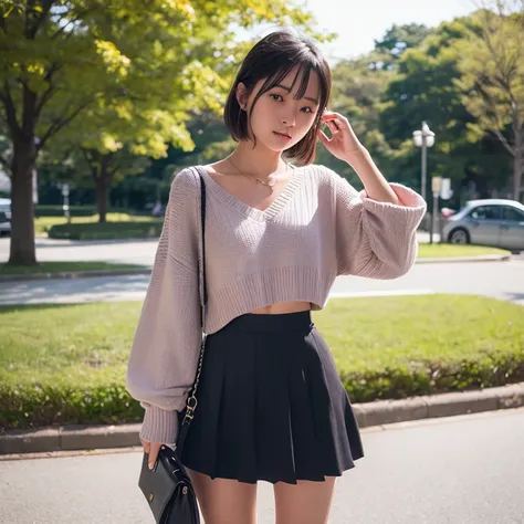 1womanl、20 years old、a park、Wearing a sweater、skirt by the、Shorthair、Photorealsitic、Yoshiko Akishino