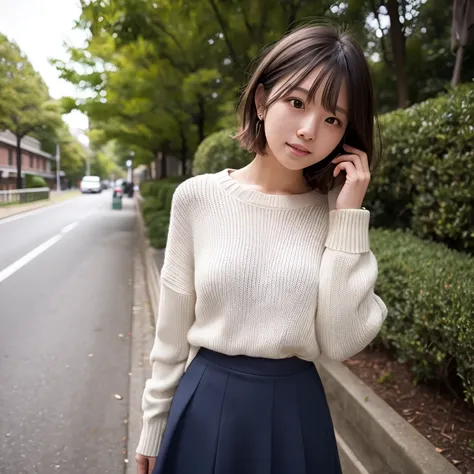 1womanl、20 years old、a park、Wearing a sweater、skirt by the、Shorthair、Photorealsitic、Yoshiko Akishino