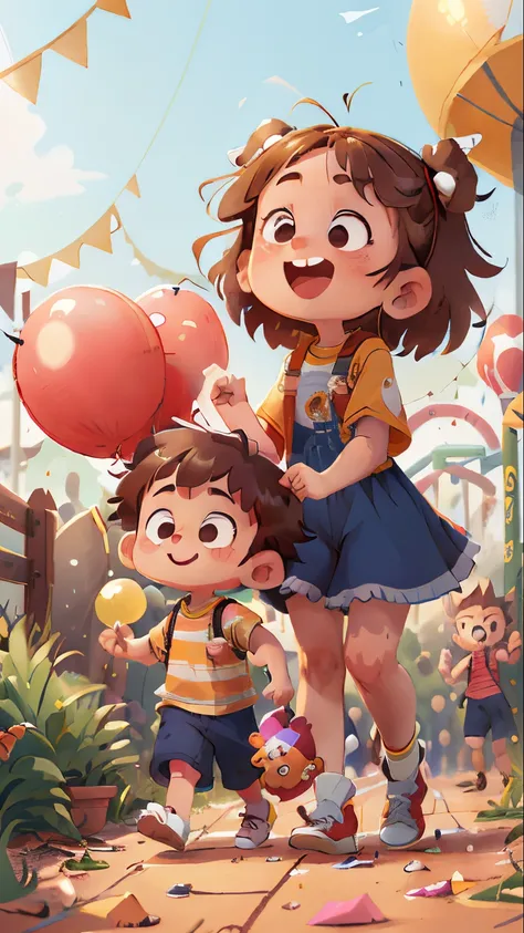 (SFW), uma menina de cabelos compridos e um menino de cabelo cacheado, correndo, amusement park, holding balloons, feliz, feliz, qualidade perfeita, foco claro, colorido, rosto perfeito, detalhes intrincados, angle of view ultra-low, lente grande angular -...